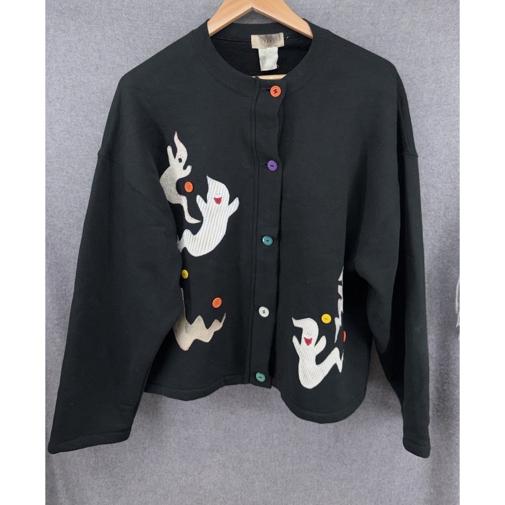 VTG Calico Collections 90s Halloween Ghost Sweatshirt Cardigan XL Black Fleece